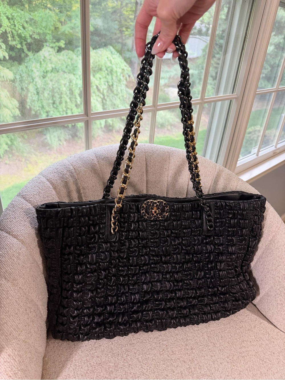 Black Quilted Tote Bag with Gold Chain Accents - Picture 2 of 4